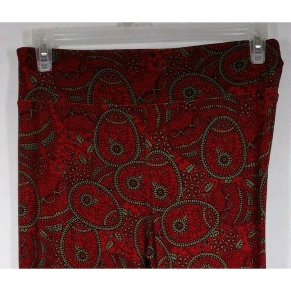 New LuLaRoe Tall & Curvy Leggings Red With Olive Green Floral Paisley Designs - Picture 4 of 6